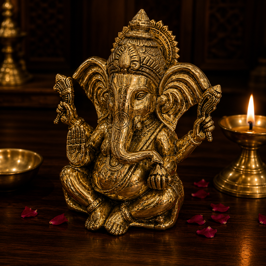Ambi Divine Handcrafted Pure Brass Lord Ganesha Idol | Polished Finish | Traditional Brass Murti