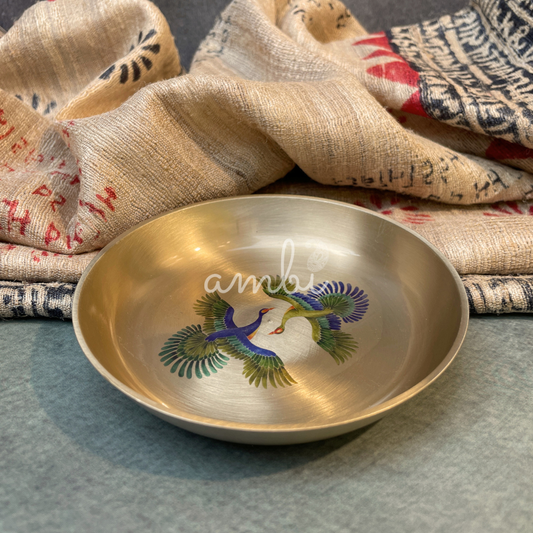 Ambi Divine Pure Kansa Pattachitra Birds Hand Painted Plate – 4 Inch | Puja Plate