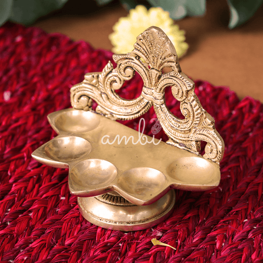 Ambi Divine Pure Brass Antique Singhasan Panchmukhi Diya - 4 inches height - Heavy Make