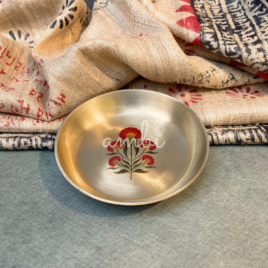 Ambi Divine Lead Free 100% Pure Kansa Small Floral Hand Painted Finish Plate / Dessert Plate - 4 Inch