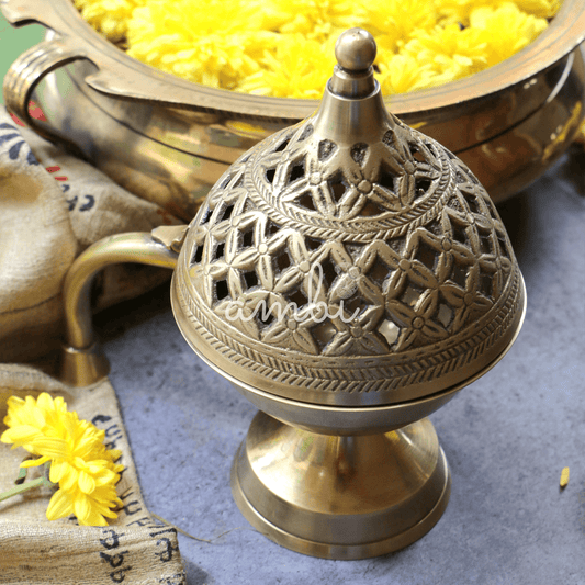 Ambi Divine Intricate Design Brass Dhuni Loban Sambrani Incense Burner (Small)