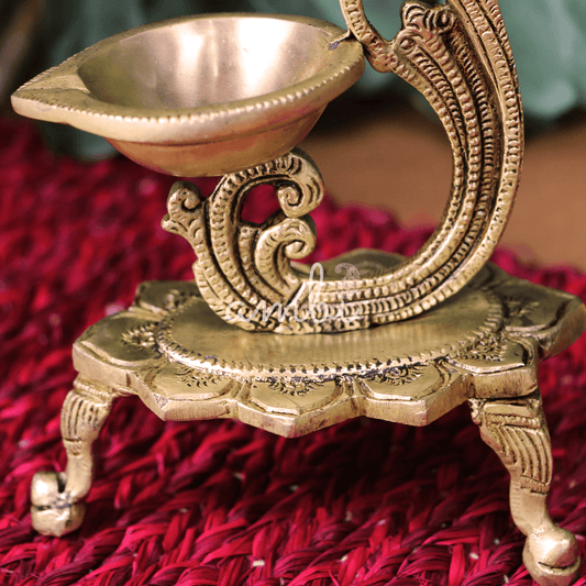 Ambi Divine Pure Brass Peacock Antique Style Deepak/Diya Large with Bell - Heavy make