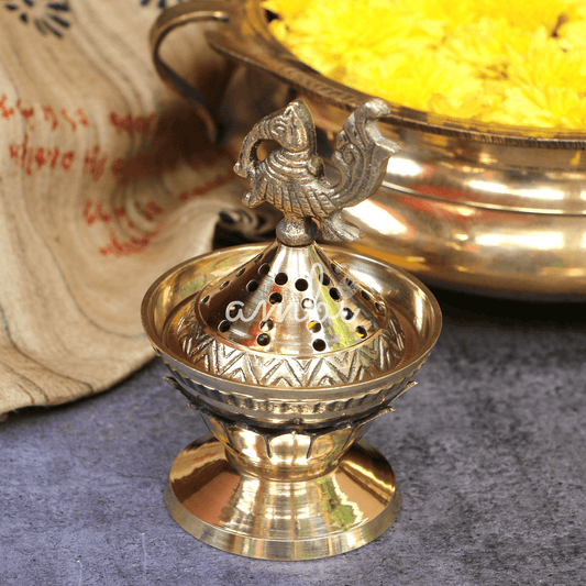 Ambi Divine Lotus Base Peacock Top Brass Dhuni Loban Sambrani Incense Burner (small)