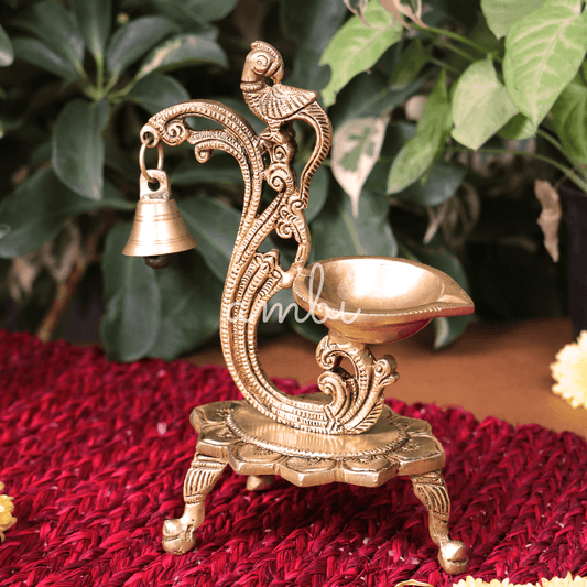 Ambi Divine Pure Brass Peacock Antique Style Deepak/Diya Large with Bell - Heavy make