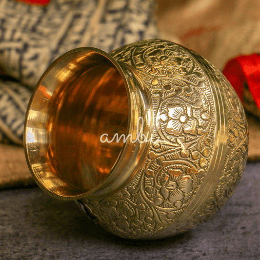 Ambi Divine 100 % Brass Embossed Lota Kalash for Pooja or Water Storage - Round