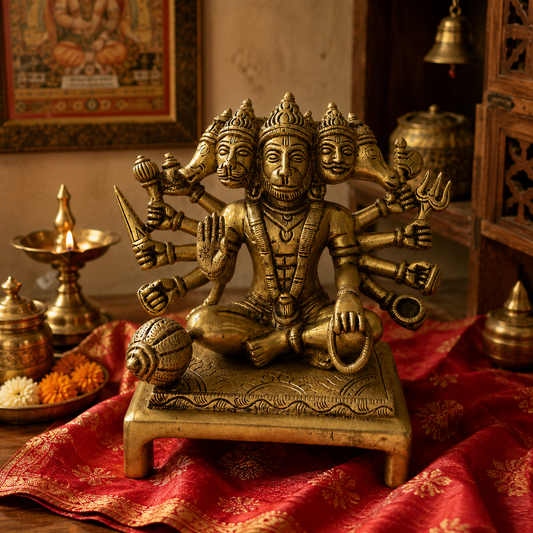 Ambi Divine Pure Brass Pancha Tejas Hanuman Murti | Panchmukhi Hanuman Idol | Handcrafted 5-Faced Bajrangbali for Home Mandir & Shakti Puja