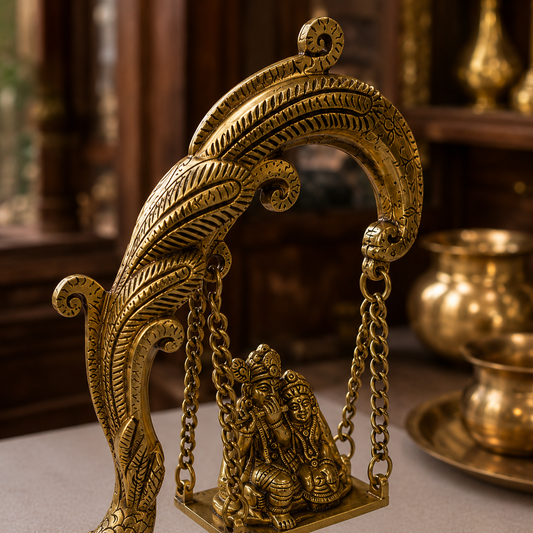 Ambi Divine Pure Brass Radha Krishna Jhoola / Jhula with Peacock Design | Handcrafted Krishna Swing for Home Mandir & Janmashtami
