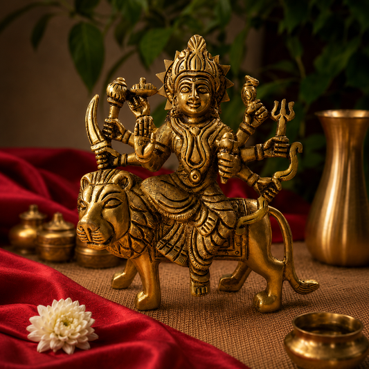Ambi Divine Pure Brass Simhavahini Durga Idol | Handcrafted Maa Durga on Lion Murti for Home Mandir, Navratri & Shakti Puja