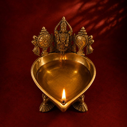 Ambi Divine Pure Brass Balaji Jyot Diya with Shankh Chakra Design | Temple Lamp for Home