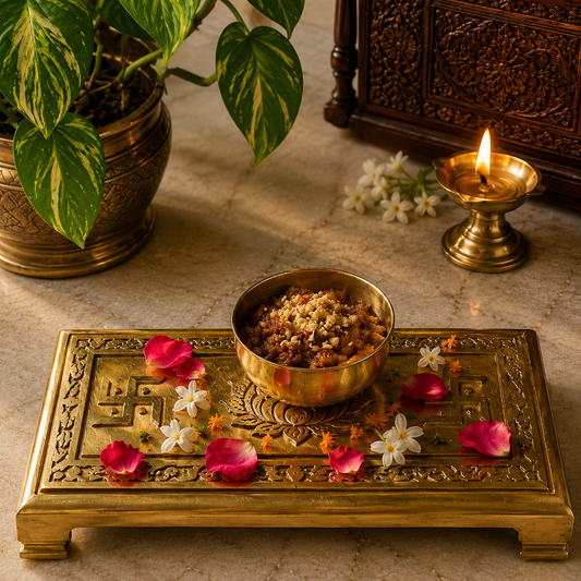 Ambi Divine Pure Brass Swastik Lotus Puja Chowki – Pooja Peetam for Home Temple & Rituals