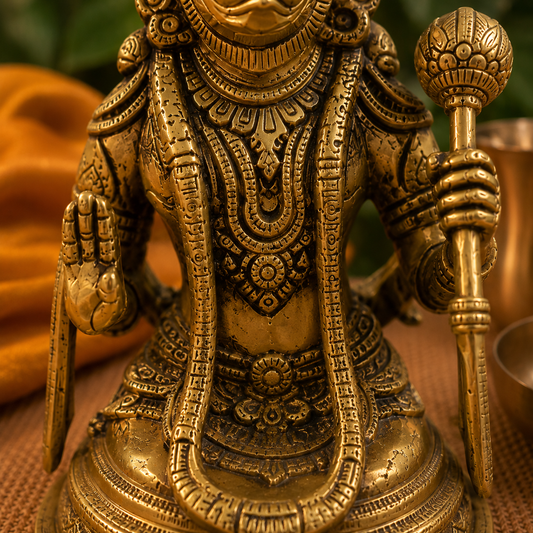 Ambi Divine Pure Brass Lord Anjaneya Swamy Seated Idol | Handcrafted Hanuman Murti in Blessing Posture for Home Mandir & Puja
