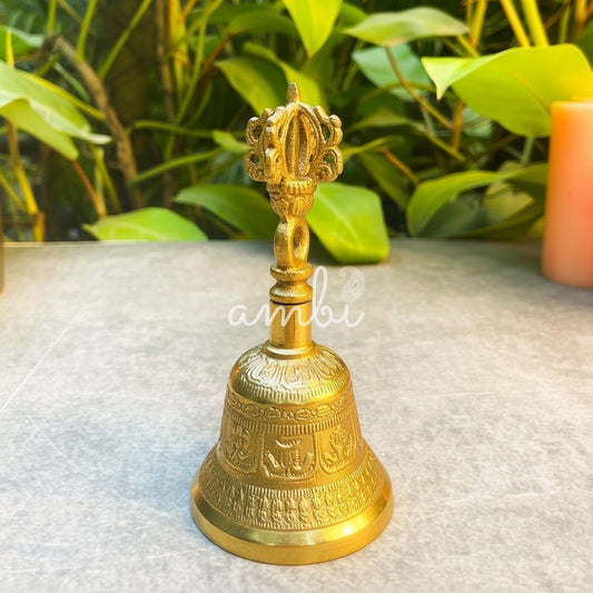 Ambi Divine Antique Pure Brass Handbell with Intricate Tibetan Carving