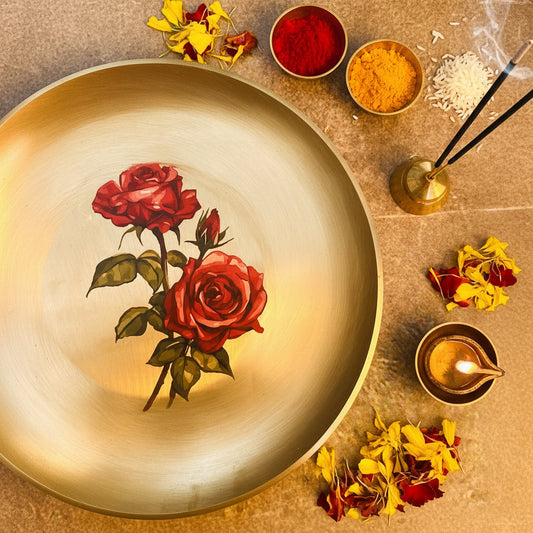 AMBI Divine 100% Pure Kansa Pooja Thali with Hand-Painted Floral Design – 8 Inch