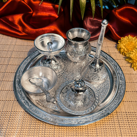 Ambi Divine Silver Plated Puja Thali Set – Traditional Engraved Design