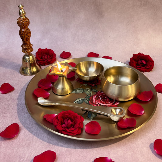 Ambi Divine Experience - Pure Lead Free Kansa Puja Thali Set of 6 with Rose Motif