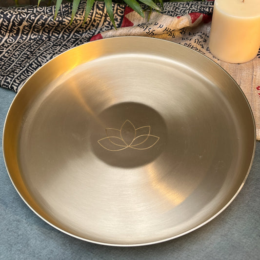Ambi Divine 100% Pure Kansa Pooja Plate with Intricate Laser-Cut Lotus Design – 12 Inch