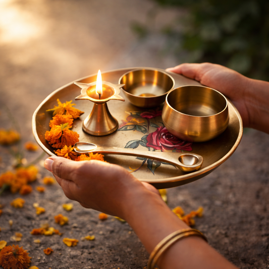 Ambi Divine Experience - Pure Lead Free Kansa Puja Thali Set of 6 with Rose Motif