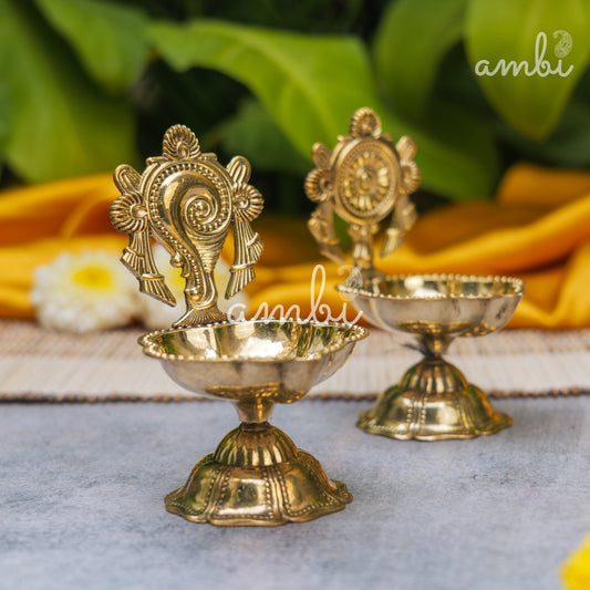 Ambi Divine Pure Brass Diya Shankh & Chakra Designs - Set of 2 - 4 Inches height