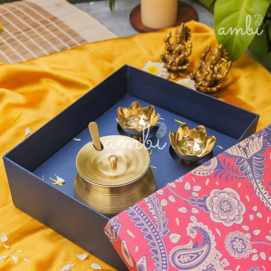 Ambi Divine Gift Box - Brass Lotus Diya(small) & Ghee Pot