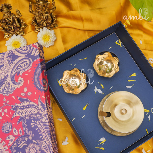 Ambi Divine Gift Box - Brass Lotus Diya(small) & Ghee Pot