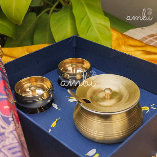 Ambi Divine Gift of Purity (Kuber Diyas) : 1 Pure Brass Ghee Pot and 2 Pure Brass Kuber Diyas in a Gift Box