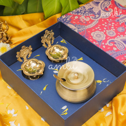 Ambi Divine Gift of Purity (Shankh and Chakra Diyas) : 1 Pure Brass Ghee Pot and 2 Pure Brass Diyas in a Gift Box