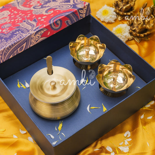 Ambi Divine Gift of Purity (Lotus Diyas): 1 Pure Brass Ghee Pot and 2 Pure Brass Lotus Diyas in a Gift Box