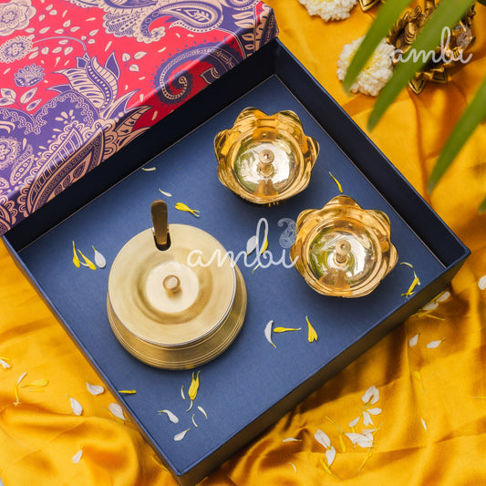Ambi Divine Gift of Purity (Lotus Diyas): 1 Pure Brass Ghee Pot and 2 Pure Brass Lotus Diyas in a Gift Box