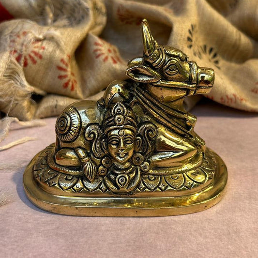 Ambi Divine Pure Brass Nandi Idol with Shiva & Parvati Engraving – Big Size 4.5 Inch