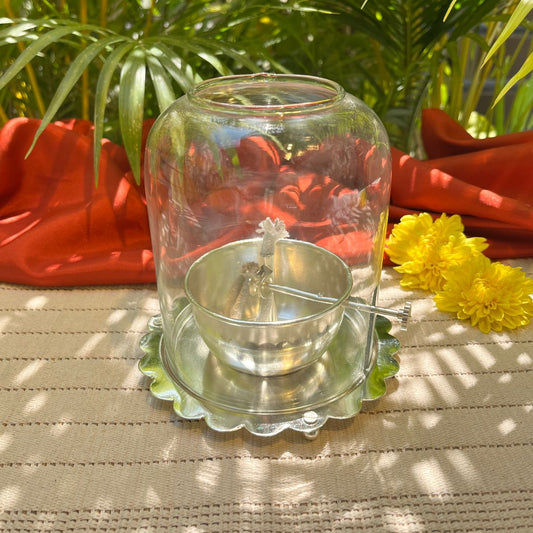 Ambi Divine Akhand Jyoti Silver Plated Brass Diya with Glass Shield