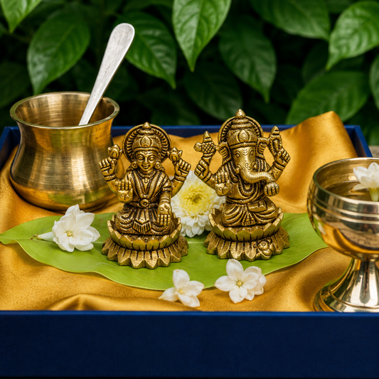 Ambi Divine Pure Brass Lakshmi and Ganesha Idols - 3.5 inch height - Heavy Make