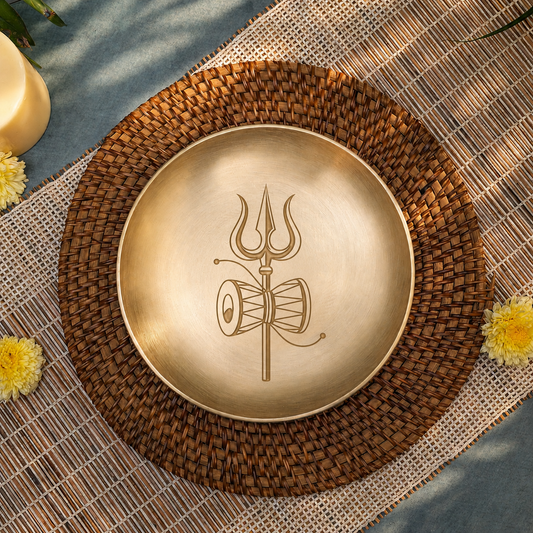 Ambi Divine 100% Pure Kansa Pooja Plate with Trishul & Damru Etching – 8 Inch