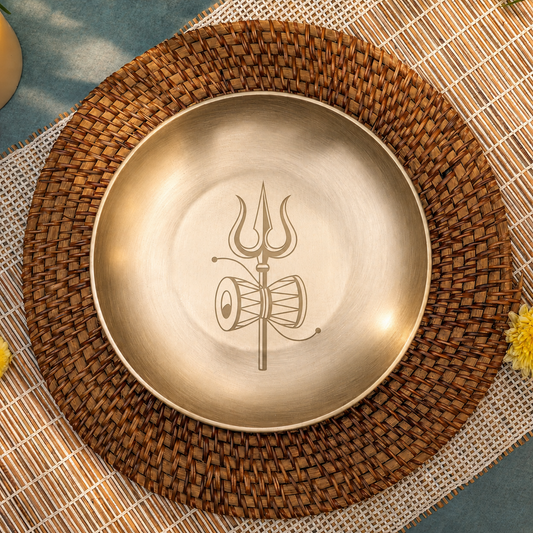 Ambi Divine 100% Pure Kansa Pooja Plate with Trishul & Damru Etching – 8 Inch