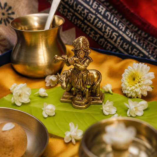 Pure Brass Lord Krishna Idol with Nandi - 2.75 inch height