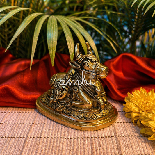 Ambi Divine Pure Brass Nandi Idol with Shiva & Parvati Engraving – Big Size 4.5 Inch