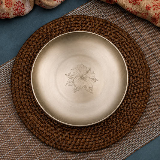 Ambi Divine 100% Pure Kansa Plate with Hibiscus Etching – 8 Inch | Handcrafted Kansa Pooja Plate