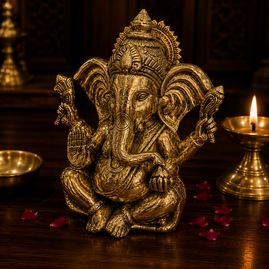 Ambi Divine Handcrafted Pure Brass Lord Ganesha Idol | Polished Finish | Traditional Brass Murti