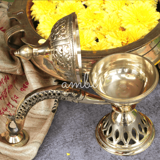Ambi Divine Intricate Brass Dhuni Loban Sambrani Incense Burner with Long Handle - A Masterpiece
