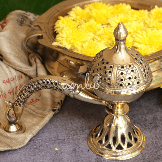 Ambi Divine Intricate Brass Dhuni Loban Sambrani Incense Burner with Long Handle - A Masterpiece