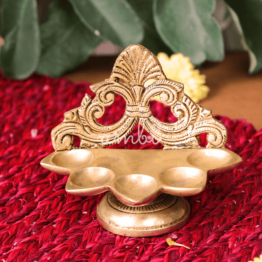 Ambi Divine Pure Brass Antique Singhasan Panchmukhi Diya - 4 inches height - Heavy Make