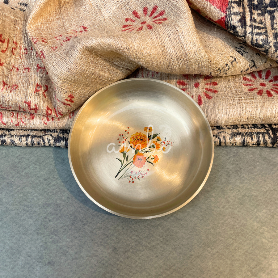 Ambi Divine Lead Free 100% Pure Kansa Small Marigold Hand Painted Finish Plate / Dessert Plate - 4 Inch