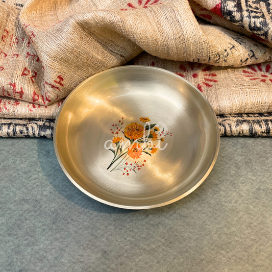 Ambi Divine Pure Kansa Marigold Hand Painted Plate – 4 Inch |Puja Plate