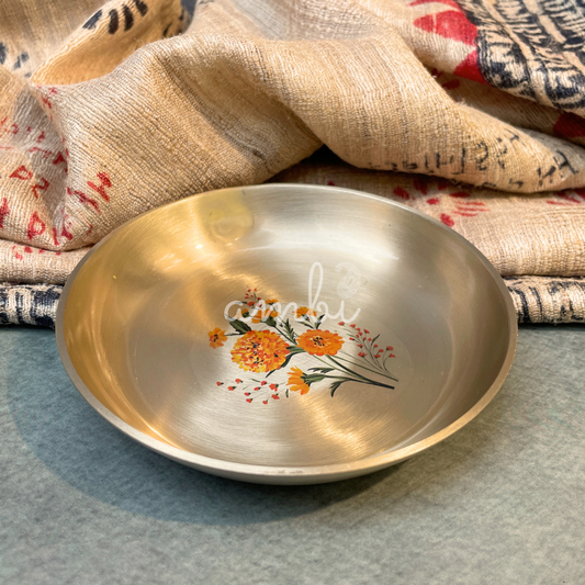 Ambi Divine Lead Free 100% Pure Kansa Small Marigold Hand Painted Finish Plate / Dessert Plate - 4 Inch