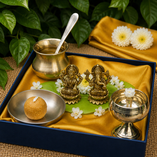 Ambi Divine Pure Brass Lakshmi and Ganesha Idols - 3 inch height