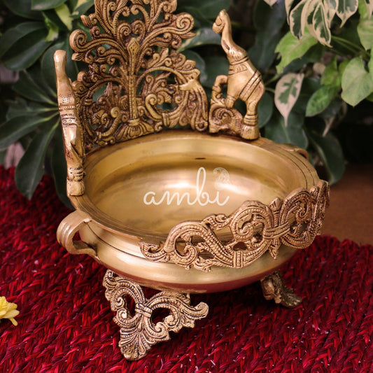 Ambi Divine Pure brass Ethnic Traditional Elephant and Flower Designed Urli - Antique Style
