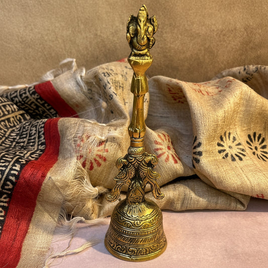 Ambi Divine Pure Brass Handheld Pooja Bell with Lord Ganesh – Intricately Crafted Hand Bell for Aarti & Prayer - 8 Inch Height