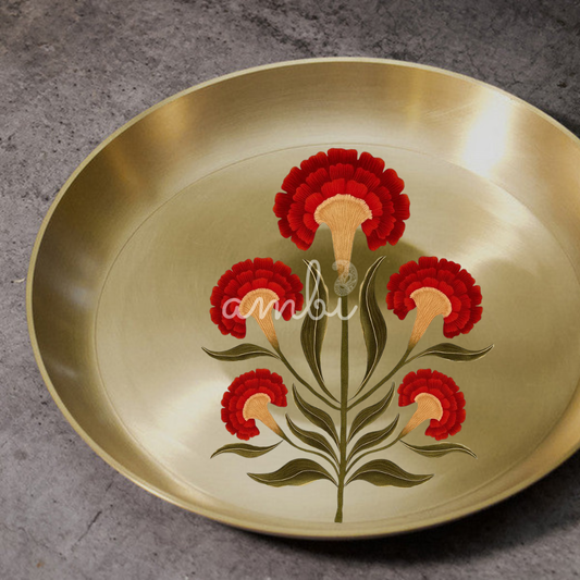 AMBI Divine 100% Pure Kansa Pooja Plate with Hand-Painted Floral Design – 8 Inch