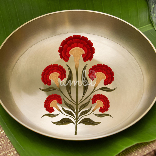 AMBI Divine 100% Pure Kansa Pooja Plate with Hand-Painted Floral Design – 8 Inch