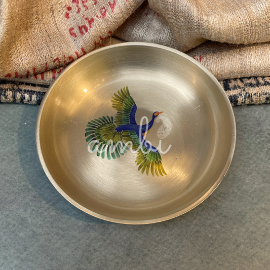 Ambi Divine Lead Free 100% Pure Kansa Small Pattachitra bird Hand Painted Finish Plate / Dessert Plate - 4 Inch