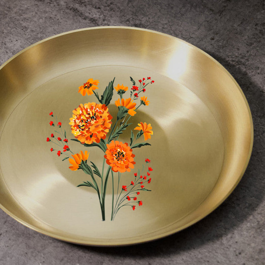 AMBI Divine 100% Pure Kansa Pooja Plate with Hand-Painted Marigold Design – 8 Inch